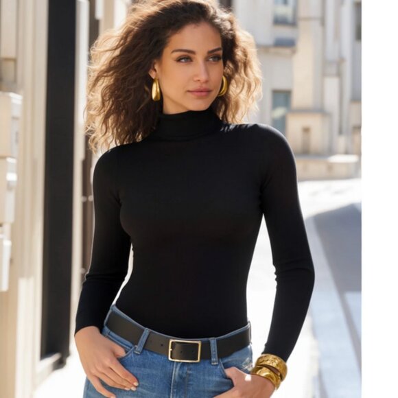 *HP* Charter Club black long sleeve mock turtleneck cotton top - Picture 1 of 5